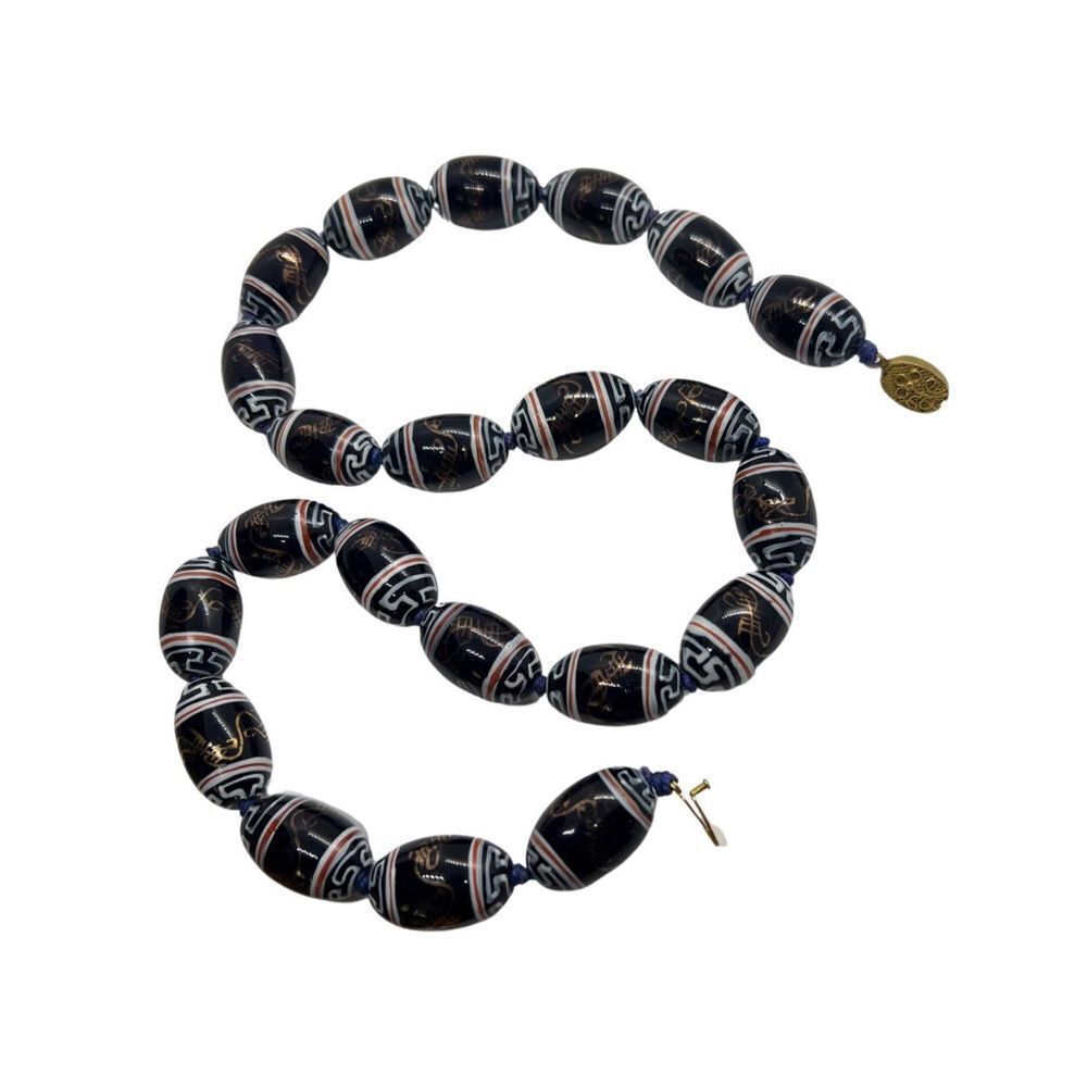 Authentic Heavy Antique/Vintage 10K Gold Ceramic Oval Trade Beads Necklace